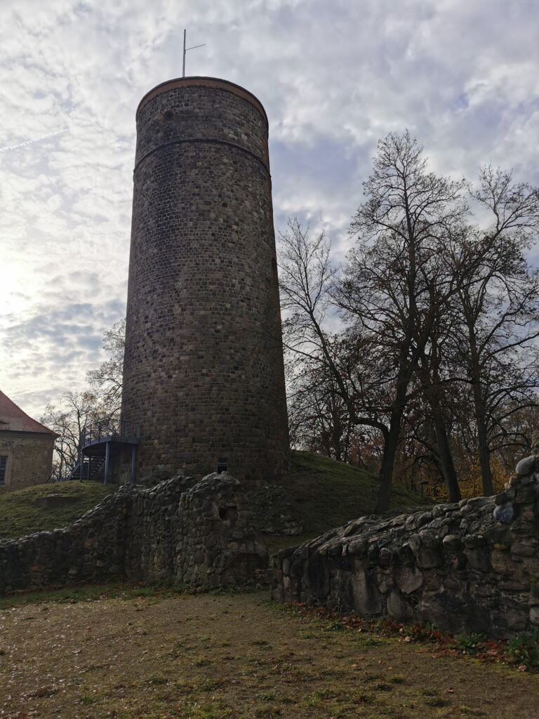Steinturm auf einem Hügel mit einer niedrigen Steinmauer im Vordergrund und kahlen Bäumen im Hintergrund